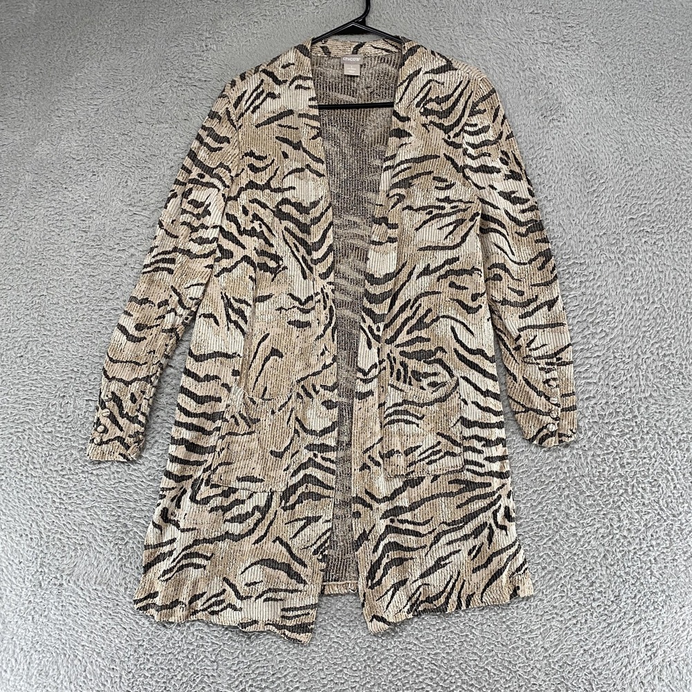 Chicos Cardigan Sweater Womens 1/Medium Beige Zebra Print Open Front Longline